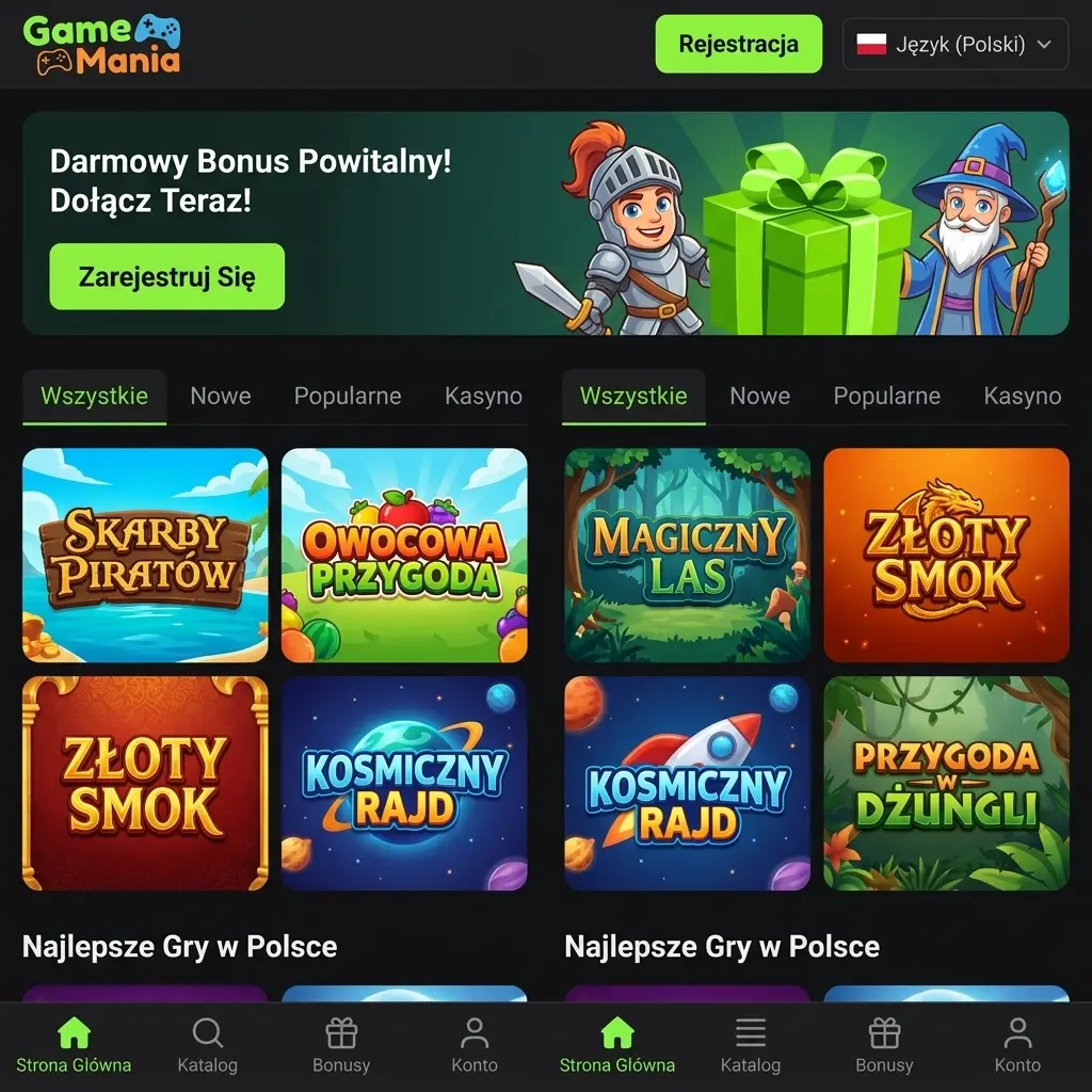 Zrzut ekranu aplikacji Gamespot – ciemny interfejs mobilny z dolnym paskiem nawigacji i sekcjami zakładów