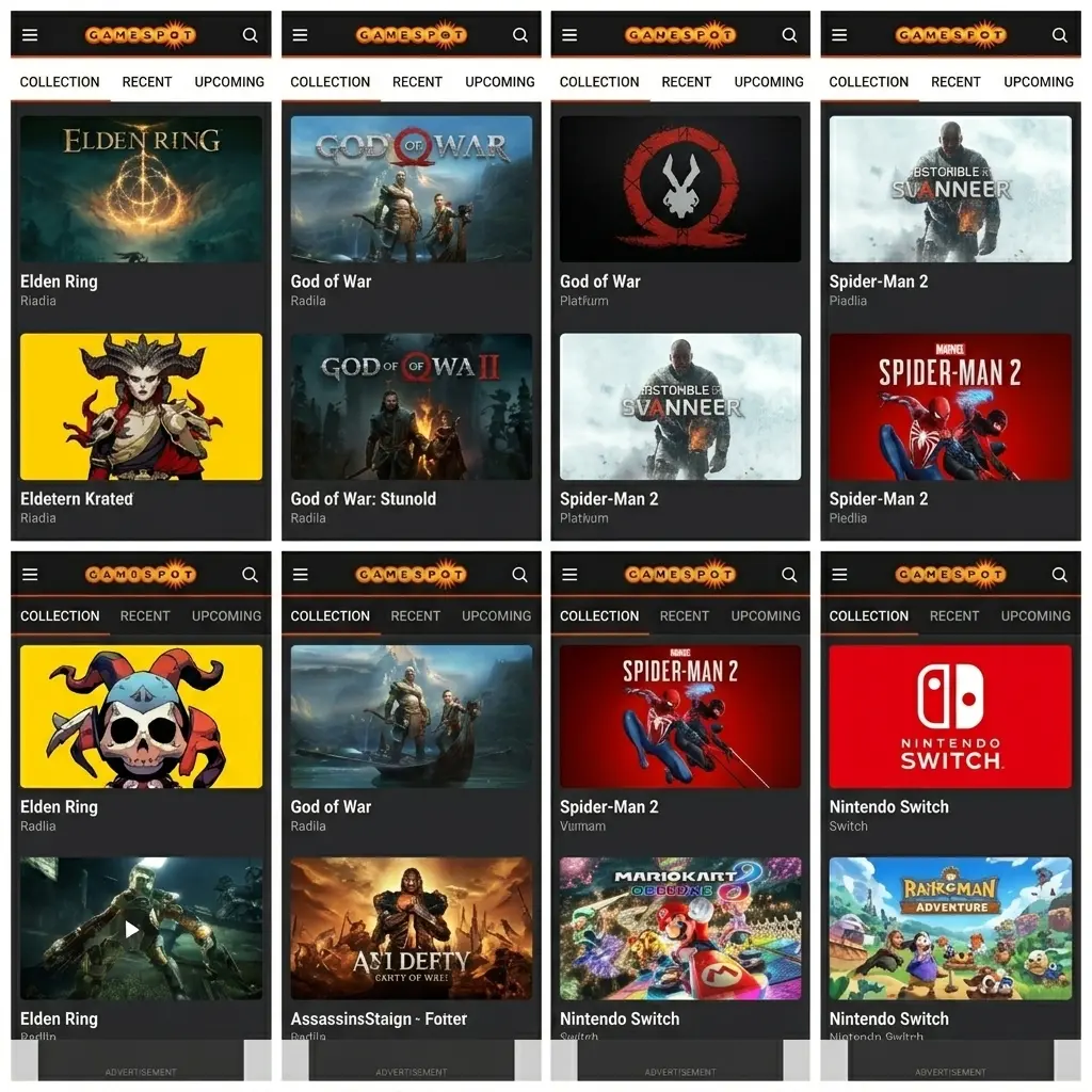 Zrzut ekranu aplikacji Gamespot – ciemny interfejs mobilny z dolnym paskiem nawigacji i sekcjami zakładów